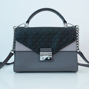 Michael Kors Sloan Medium Double Flap Leather Satchel Handbag Color Grey Multi